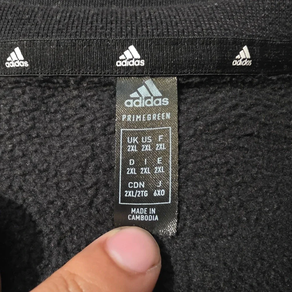 Adidas Primegreen Mens 2XL Black White 3 Stripe Fleece Crewneck Sweatshirt Logo